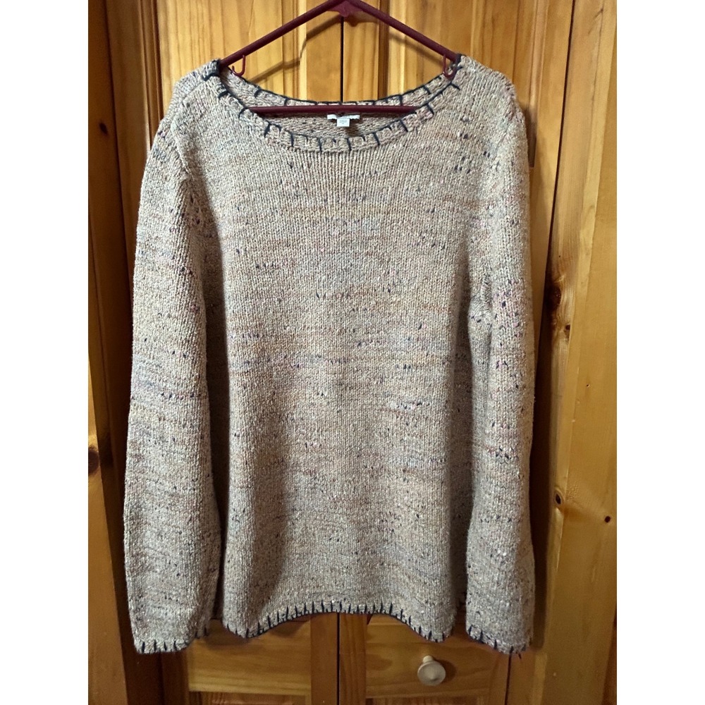 J. Jill Pure Jill XL Speckled Marled Knit Whipstitch Trim Pullover‎ Sweater Tan